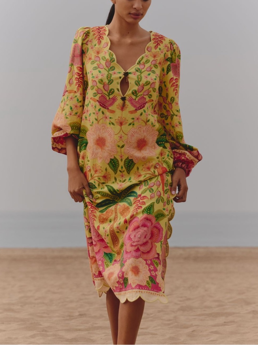 New FARM Rio x Anthropologie Tropical Summer Long Sleeve Midi Dress